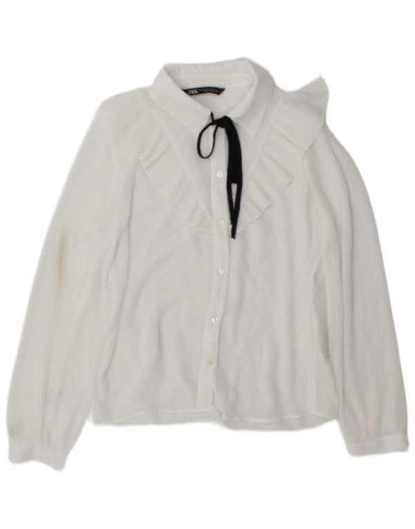 Zara Womens Ruffle Front Oversized Shirt Blouse UK 6 XS White Polyester