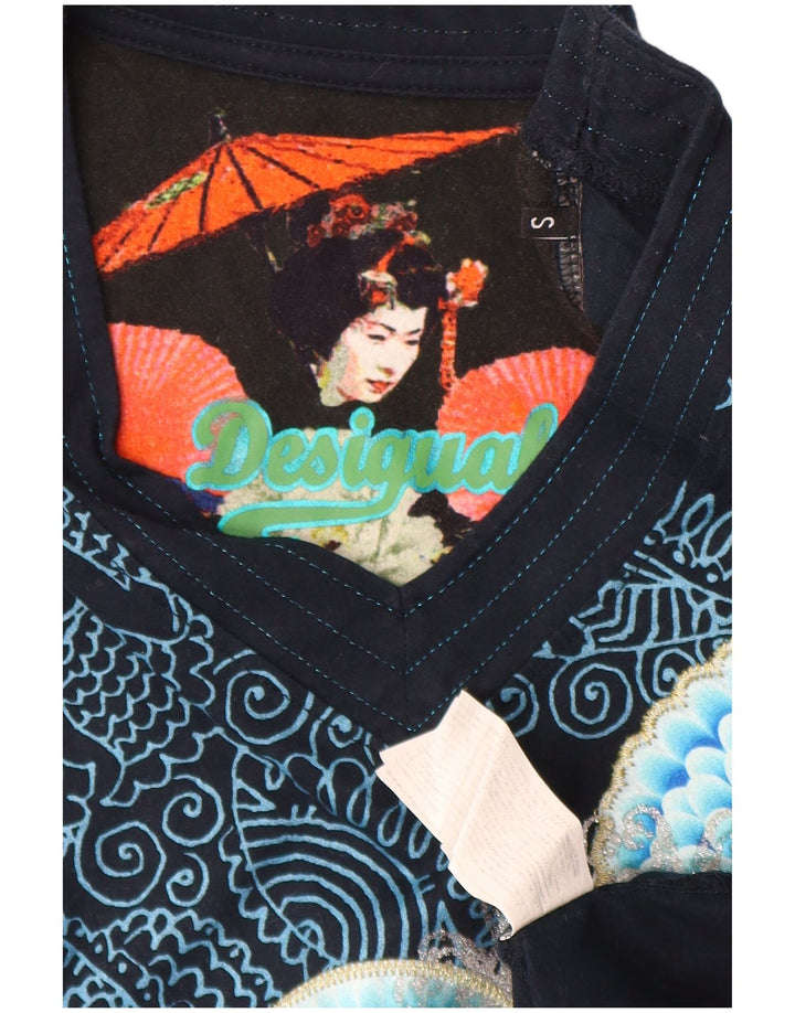 Desigual Mujer Gráfico Top Manga Larga Reino Unido 10 Pequeño Azul Marino