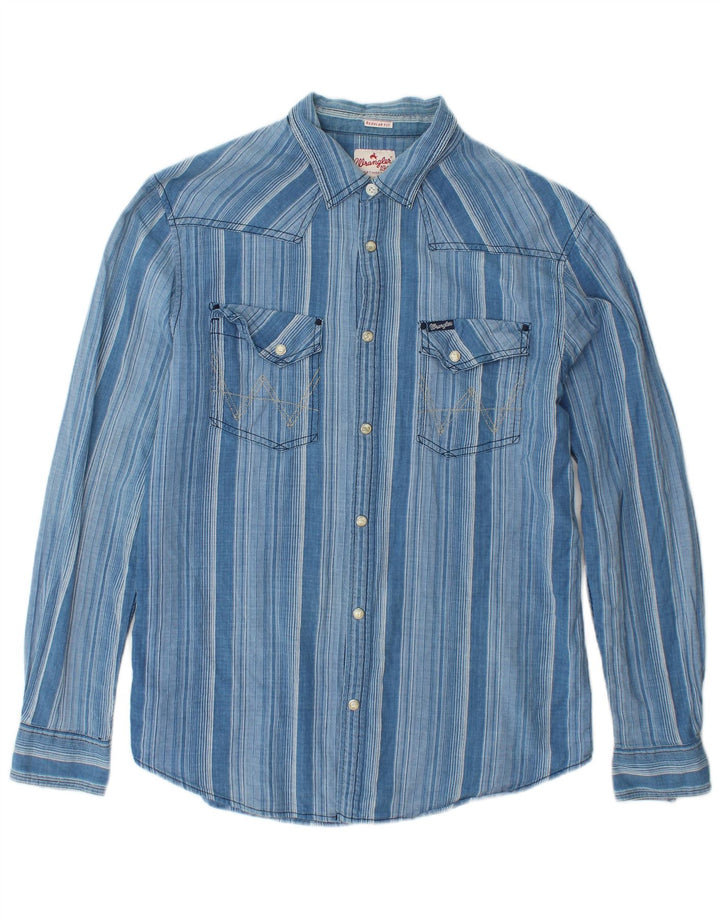 WRANGLER Camisa de franela de ajuste regular para hombre, algodón a rayas azules grandes