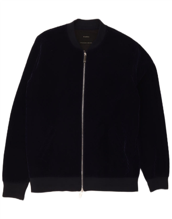Zara Mens Velour Bomber Jacket UK 40 Large Azul Marino Poliéster
