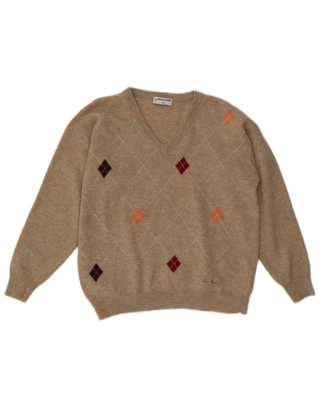 Pierre Cardin Jersey con cuello en V para hombre IT 52 Large Beige Argyle/Diamond