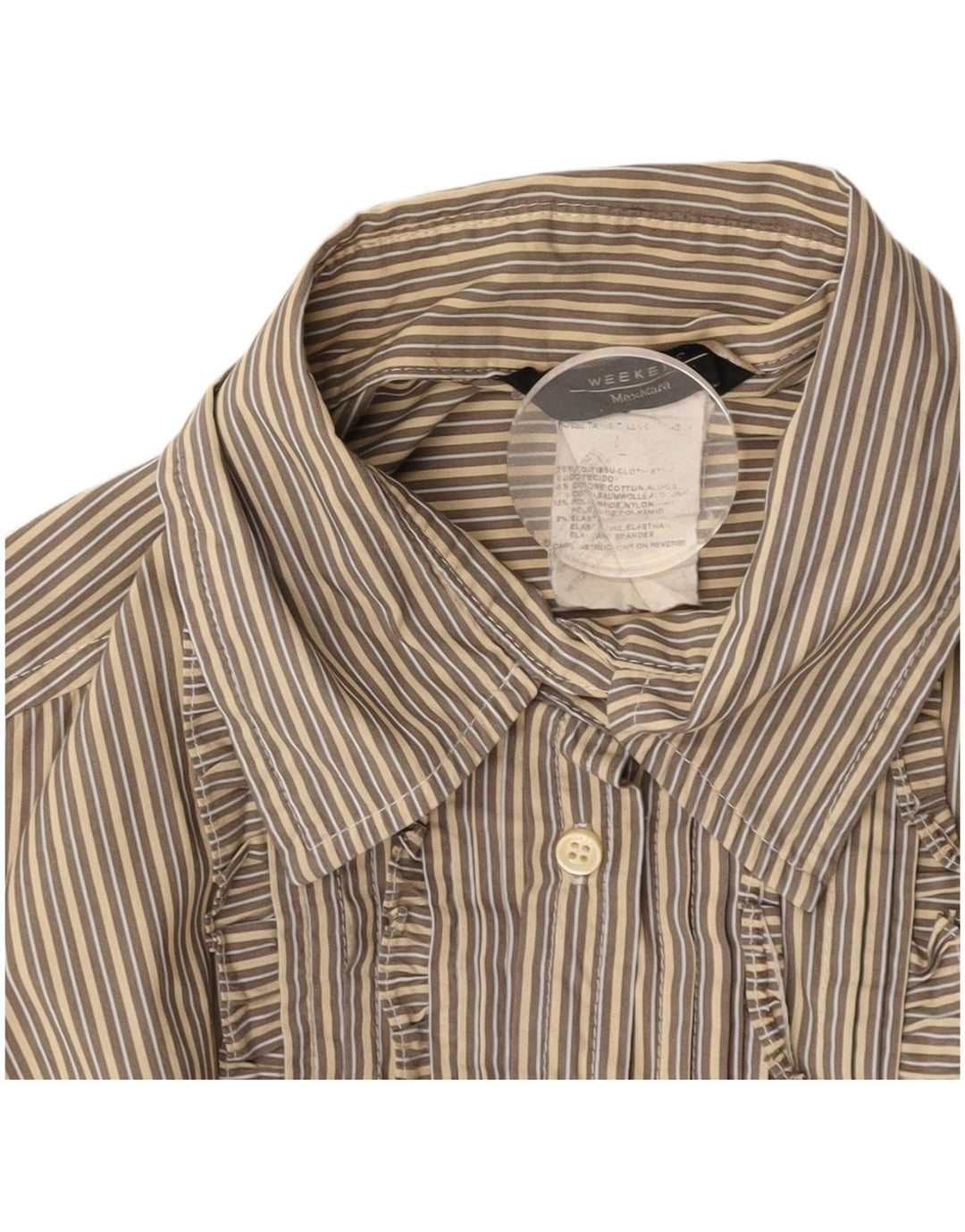 MAX MARA Camisa de fin de semana con volantes en la parte delantera para mujer UK 46 Large Beige Pinstripe