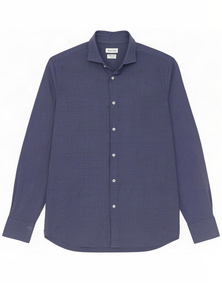 Camisa Massimo Dutti Regular Fit Franela Hombre Algodón Pata de Gallo Azul Small