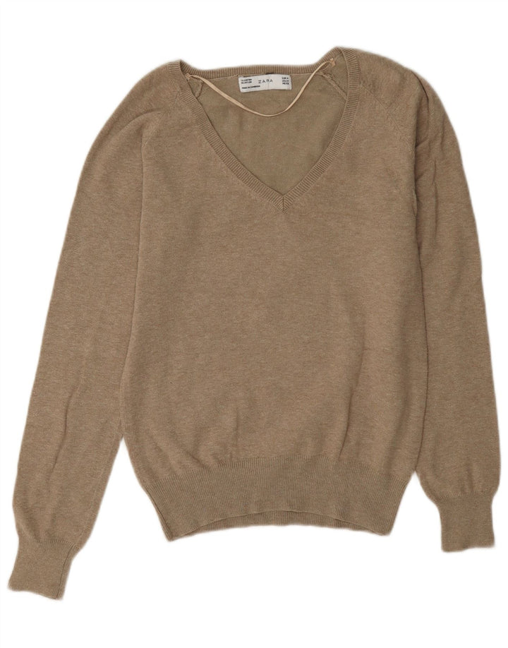 Zara Mujer Jersey con Cuello en V Jersey UK 44 Algodón Marrón Medio
