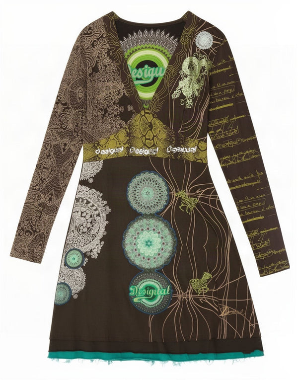 Desigual Vestido acampanado de manga larga con estampado gráfico para mujer UK 8 Small Khaki Paisley