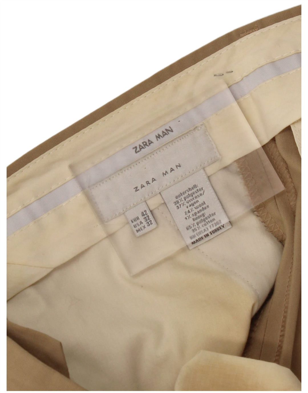ZARA Pantalón de traje recto para hombre EU 42 Large W32 L32 Beige Poliéster
