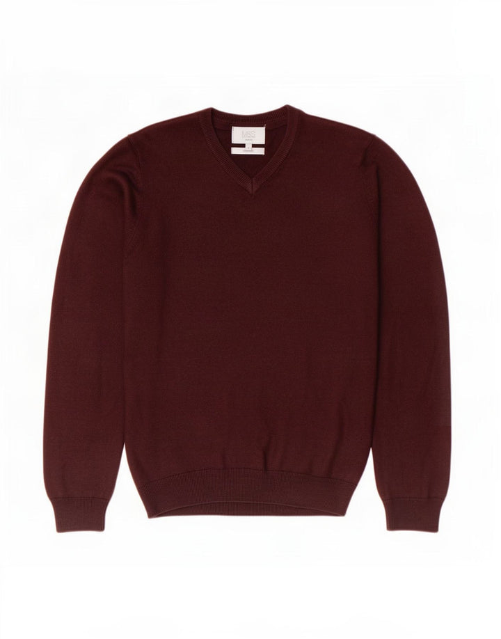 Marks & Spencer Suéter tipo jersey con cuello en V de ajuste regular para hombre pequeño burdeos