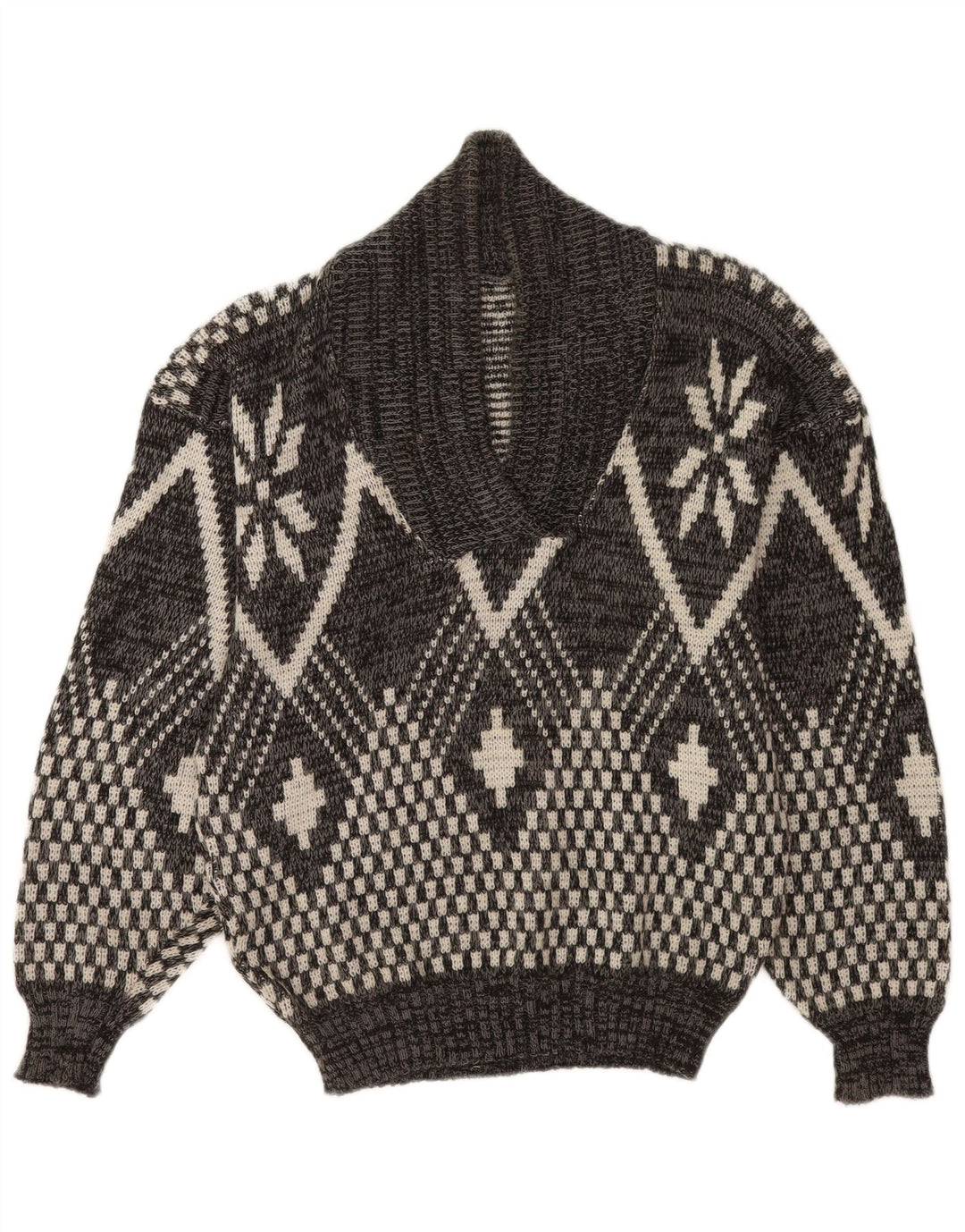 Vintage hombres chal cuello jumper suéter medio gris geométrico