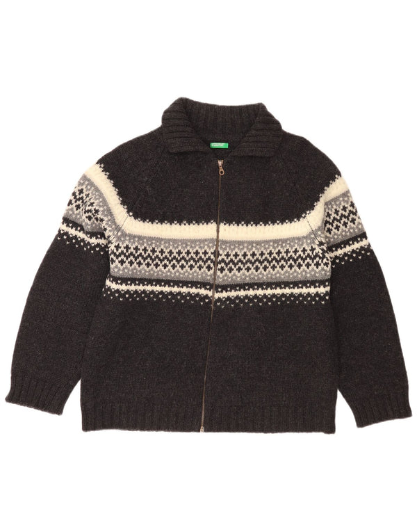 Benetton Womens Cardigan Sweater UK 18 XL Grey Fair Isle Virgin Wool