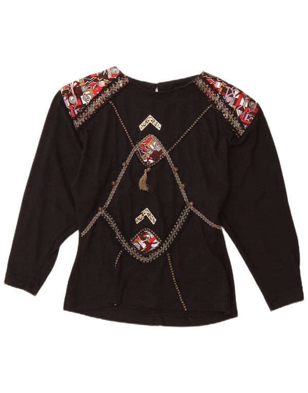 VINTAGE Mujer Gráfico Manga Larga Blusa Top Reino Unido 12 Acrílico Negro Medio