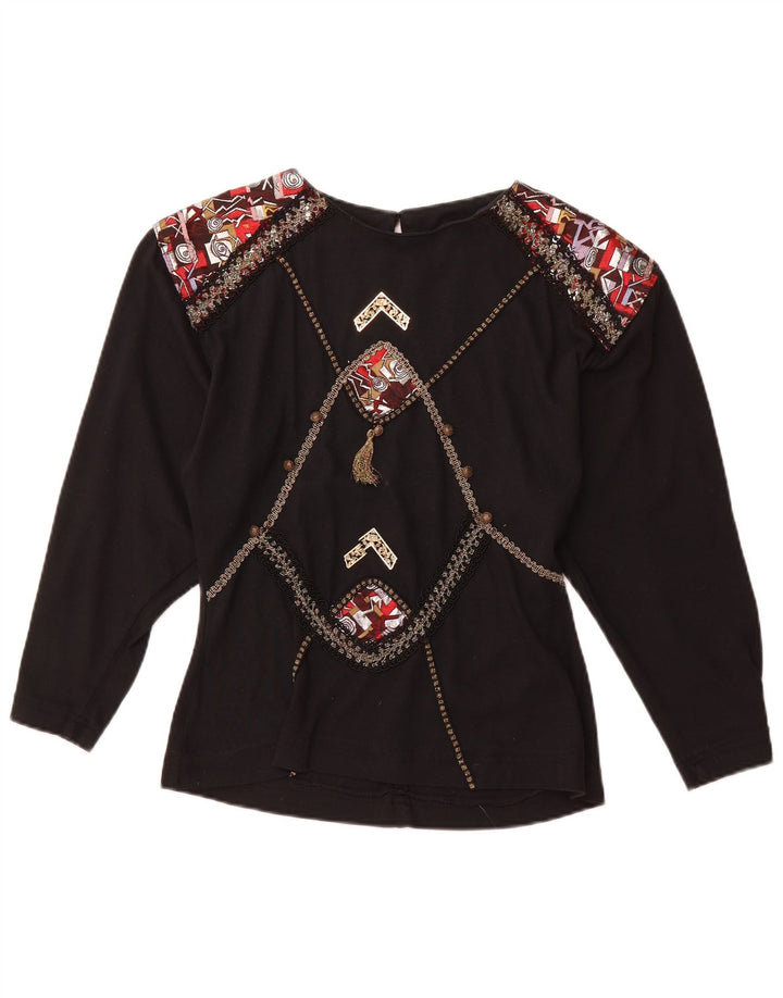 VINTAGE Mujer Gráfico Manga Larga Blusa Top Reino Unido 12 Acrílico Negro Medio