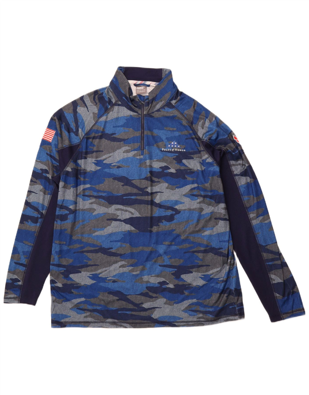 PUMA Top con cuello y cremallera para hombre, manga larga, 2XL, poliéster de camuflaje azul