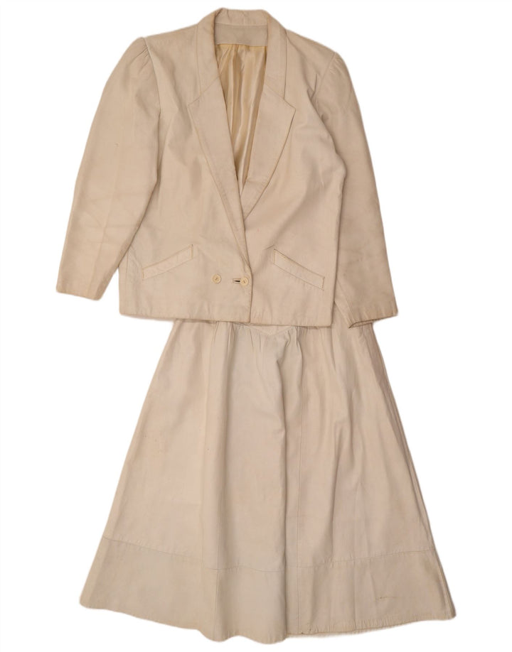 Vintage mujer cuero 2 piezas falda conjunto Reino Unido 12 medio W26 blanco apagado