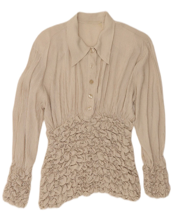 Vintage mujer manga larga blusa Top Reino Unido 10 pequeño beige comprobar acetato