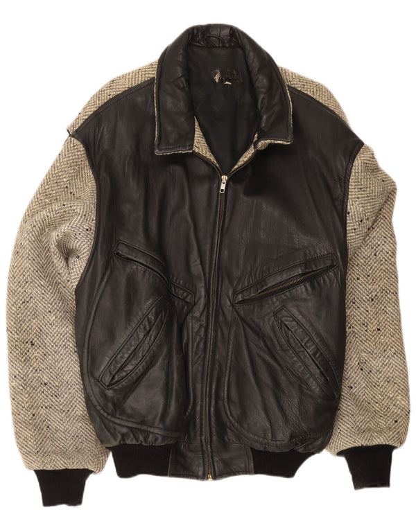 Chaqueta de cuero vintage para hombre IT 54 XL Bloque de color negro