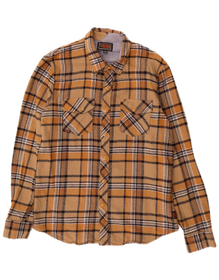 VOLCOM Camisa de franela para hombre Large Brown Check Cotton