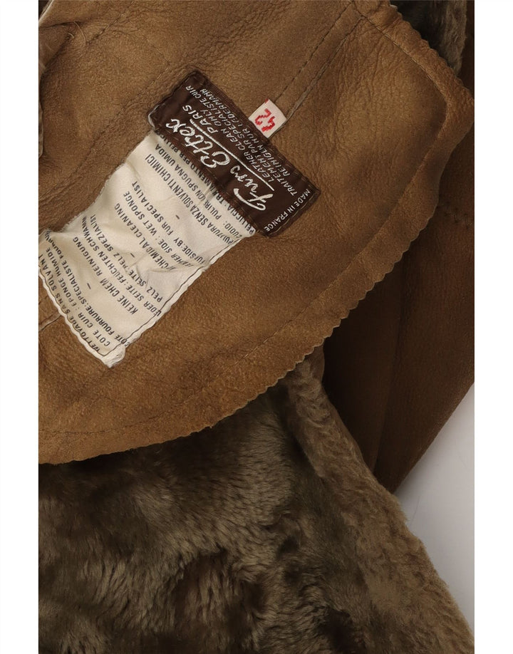 Vintage mujer shearling abrigo EU 42 cuero marrón grande
