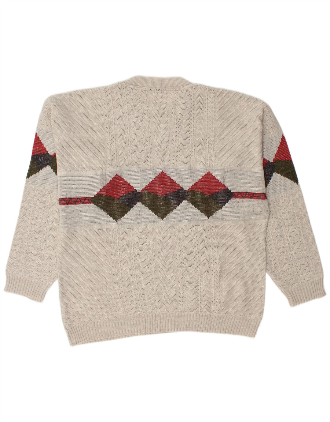 Vintage hombres cuello redondo jersey suéter grande beige Argyle/diamante acrílico