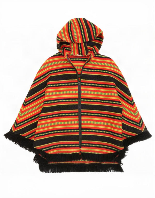 Vintage mujer con capucha Poncho abrigo un tamaño rojo rayas