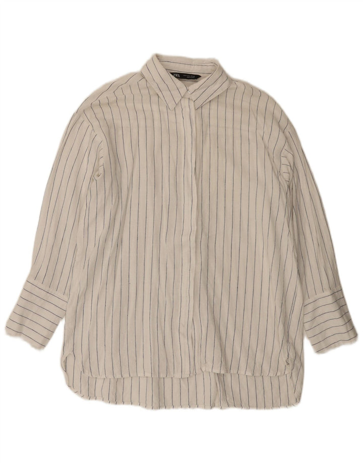 Zara Camisa Larga Extragrande De Mujer UK 10 Small White Pinstripe
