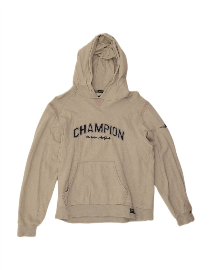 CHAMPION Mens Graphic Hoodie Jumper Medium Beige Cotton