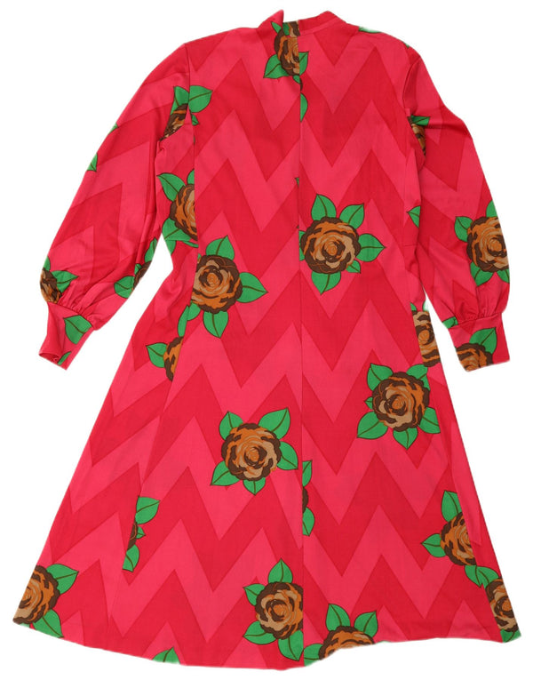 Vintage mujer manga larga frente corbata A-Line vestido Reino Unido 12 medio rosa floral