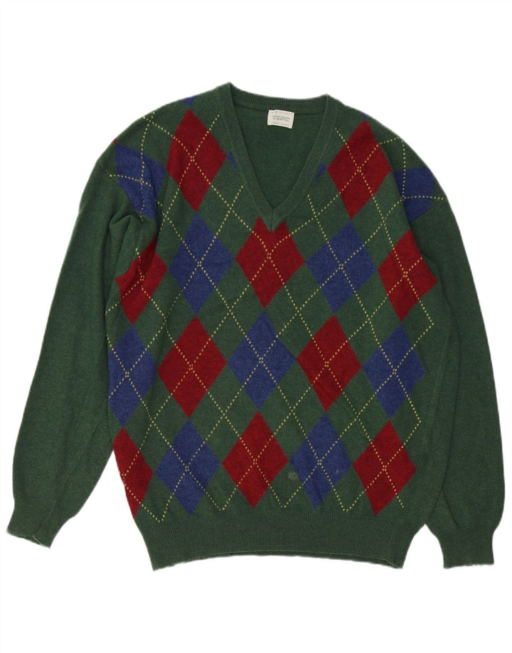BENETTON Jersey con Cuello en V para Hombre Verde Medio Argyle/Lana Diamante