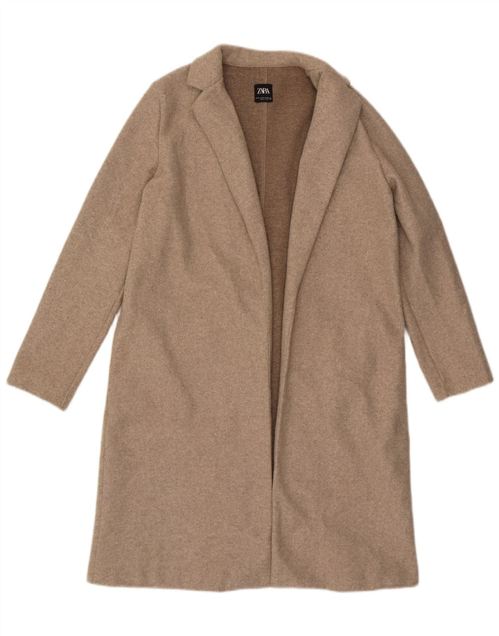 Zara Mujer Abrigo Abierto UK 44 Poliéster Beige Medio