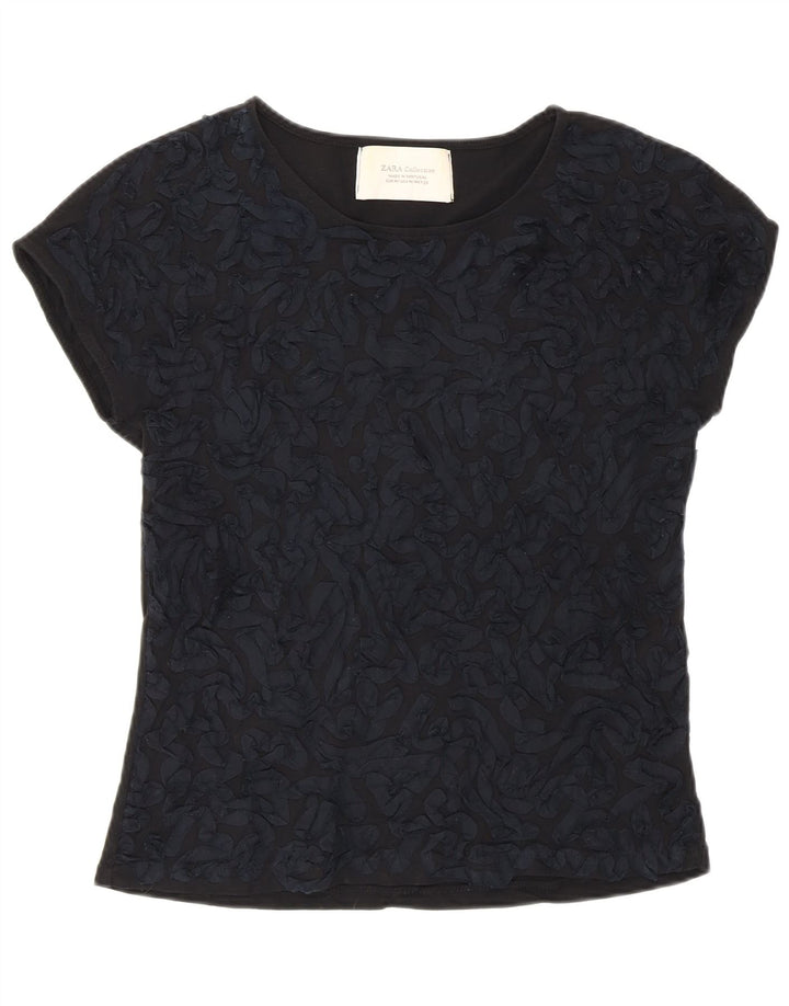 Zara - Camiseta con estampado abstracto para mujer, talla 40, talla M, algodón negro