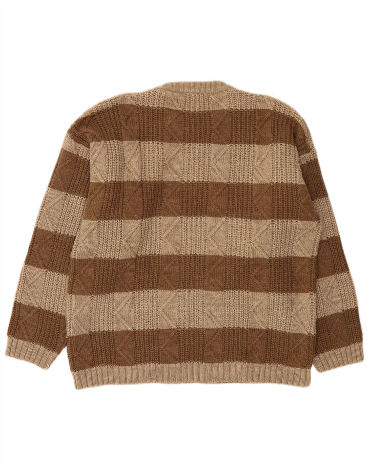 Vintage hombres cuello redondo jersey suéter grande marrón rayas