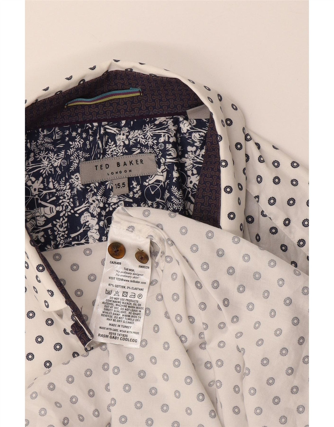 Ted Baker Camisa para hombre Talla 15 1/2 Algodón geométrico blanco mediano