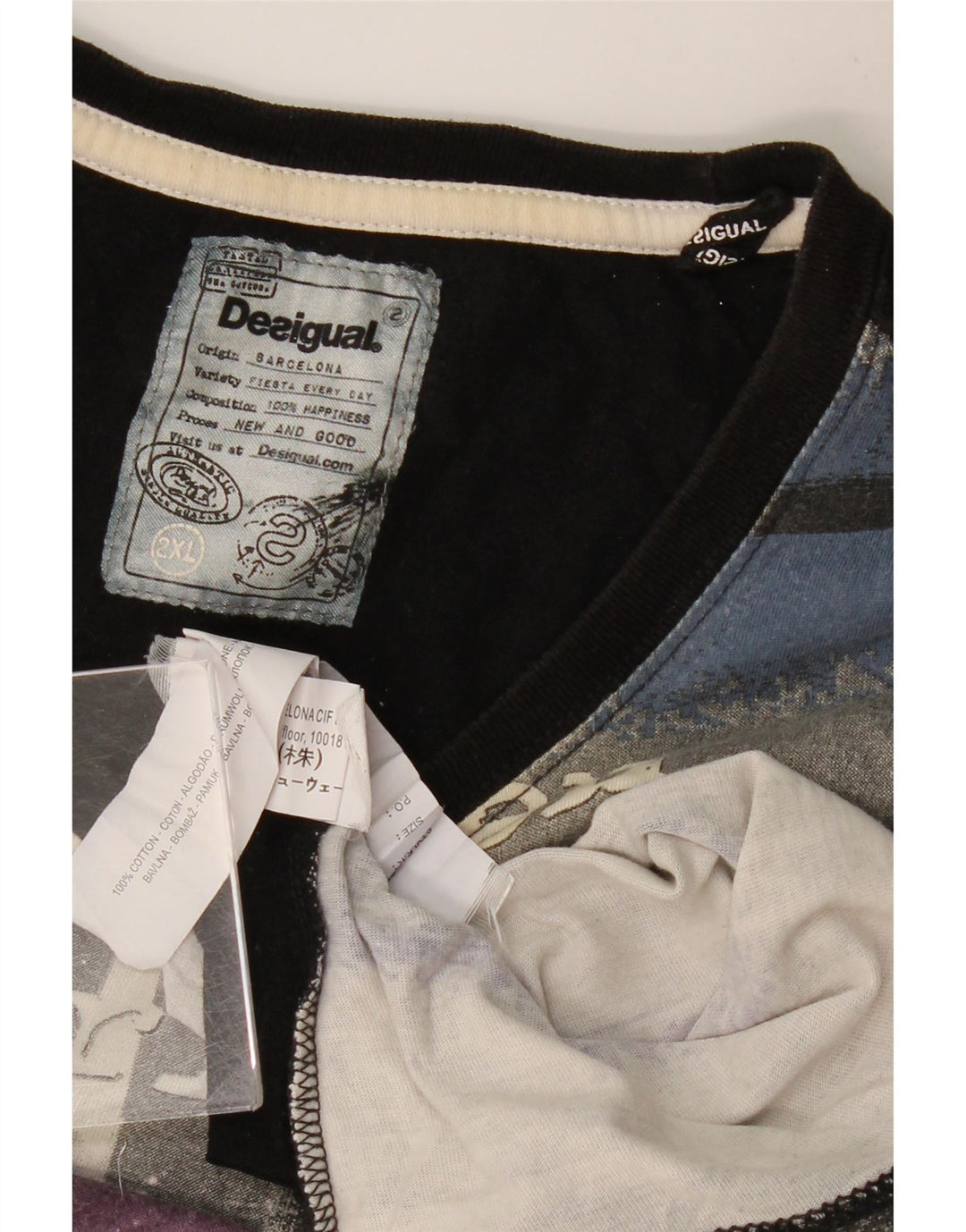 DESIGUAL Camiseta gráfica para hombre Top 2XL Gris Colorblock Algodón