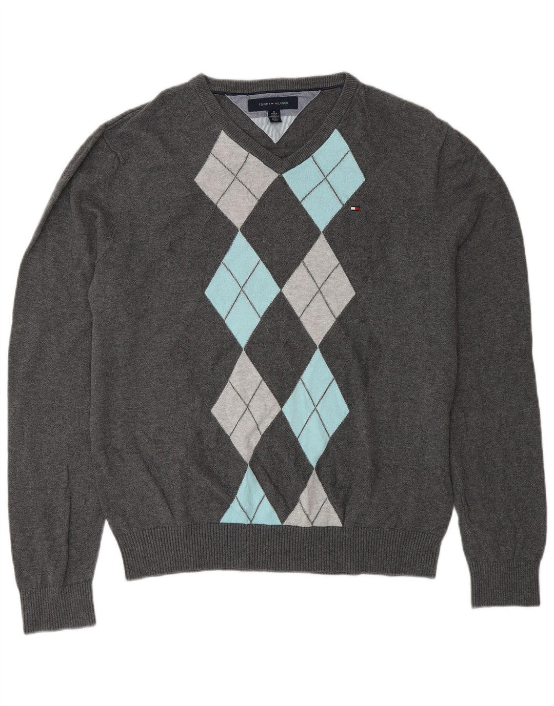Tommy Hilfiger Suéter con Cuello en V para Hombre Gris Medio Argyle/Diamond Cotton