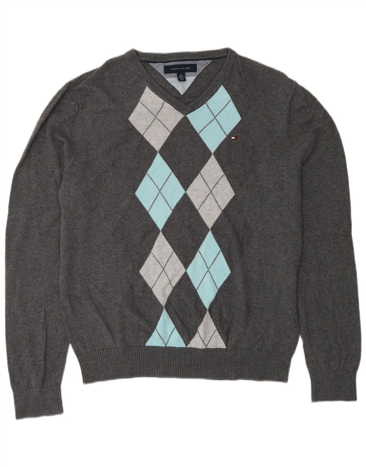 Tommy Hilfiger Suéter con Cuello en V para Hombre Gris Medio Argyle/Diamond Cotton
