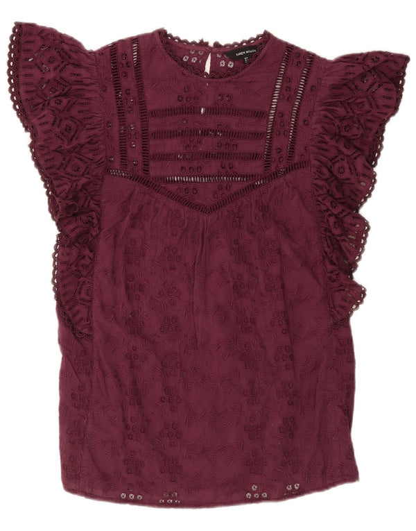 Karen Millen Blusa para mujer Top UK 8 Small Borgoña Floral Algodón