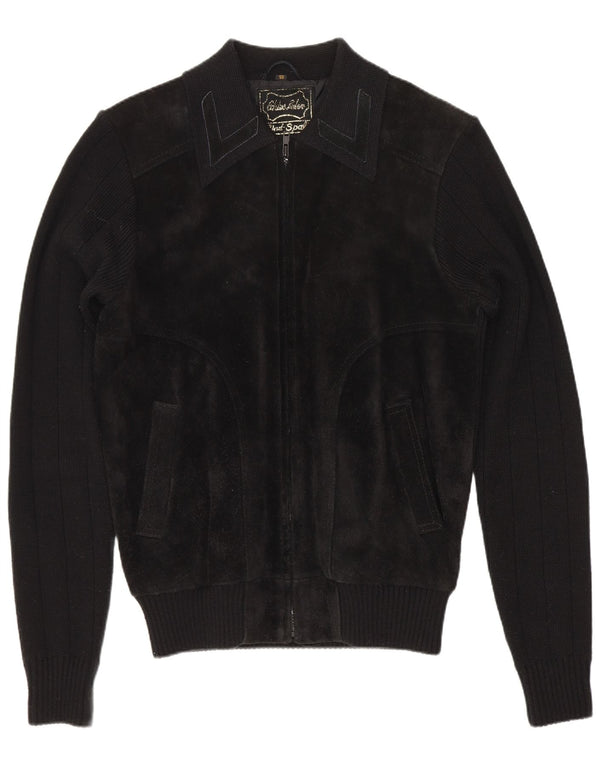 VINTAGE Chaqueta bomber de ante para hombre EU 50 Cuero negro grande