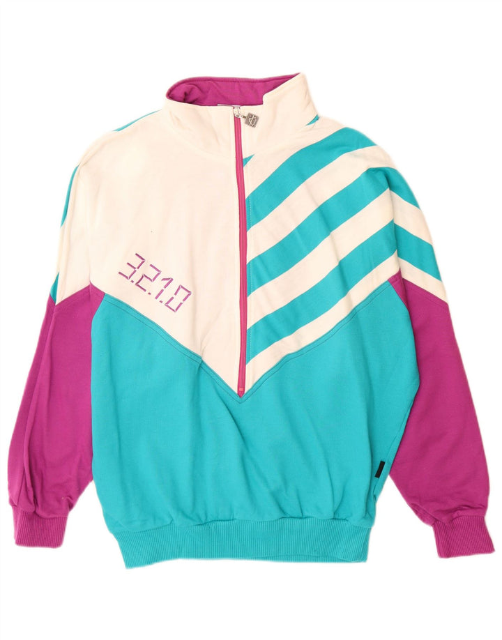 Vintage mujer sudadera gráfica jumper Reino Unido 12 bloque de color azul medio