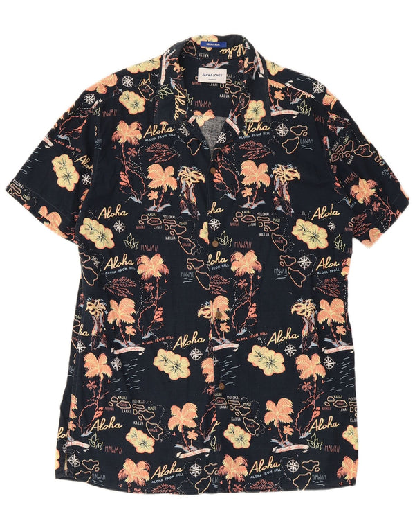 Jack & Jones Camisa gráfica de manga corta para hombre, talla grande, hawaiana floral negra