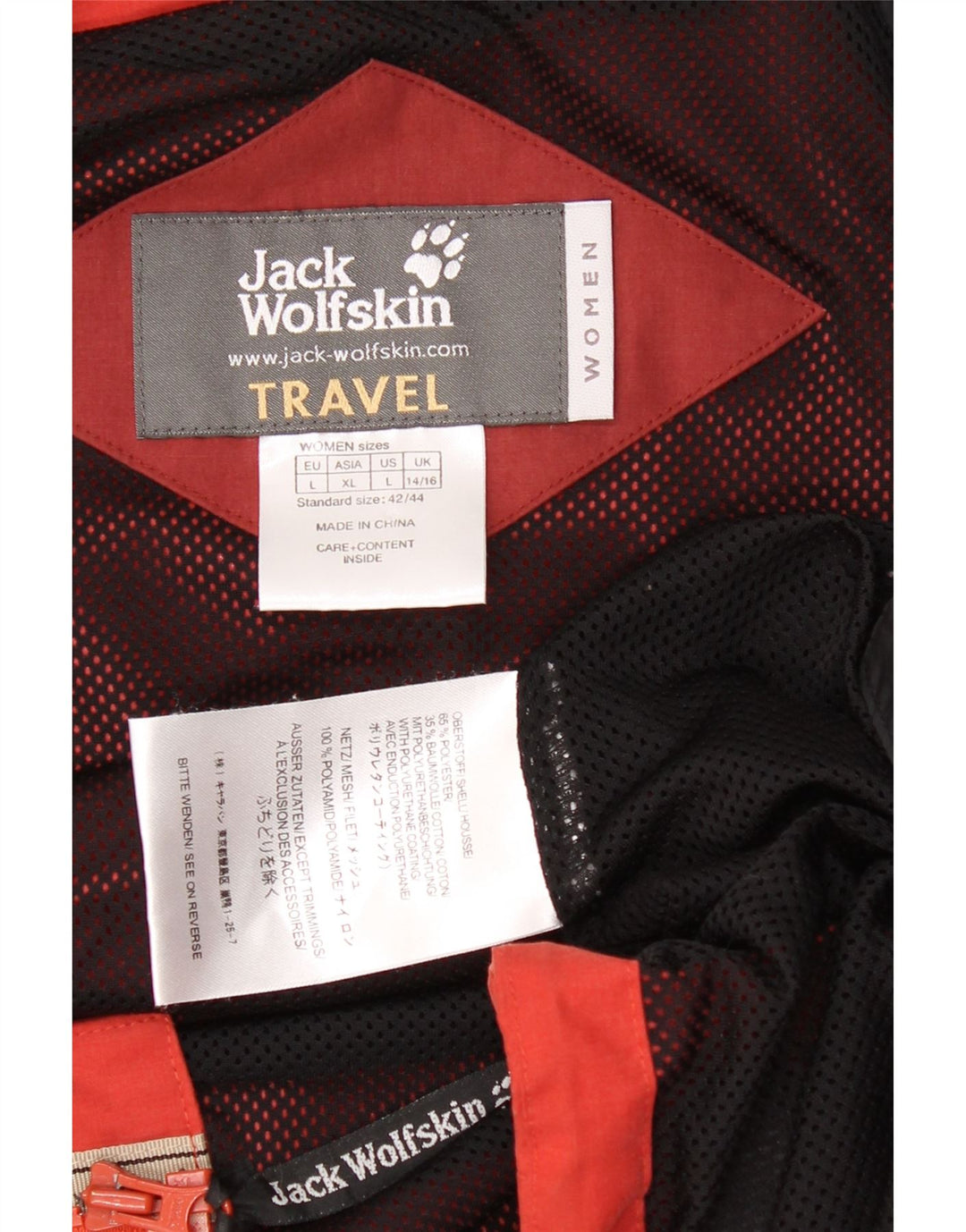 JACK WOLFSKIN Womens Hooded Rain Jacket UK 14/16 Large Red Polyester Vintage Jack Wolfskin and Second-Hand Jack Wolfskin from Messina Hembry 