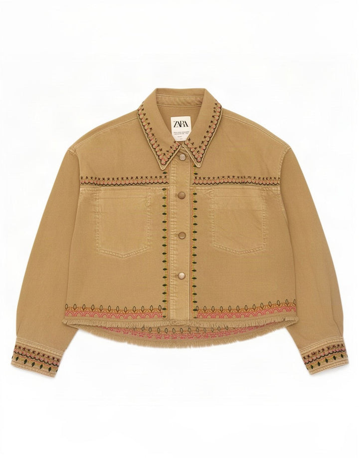 Zara Mujer Chaqueta Bomber Extragrande Reino Unido 10 Pequeña Algodón Geométrico Beige