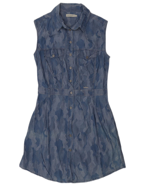 Calvin Klein Vestido camisero sin mangas para mujer UK 10 Small Blue Camuflaje