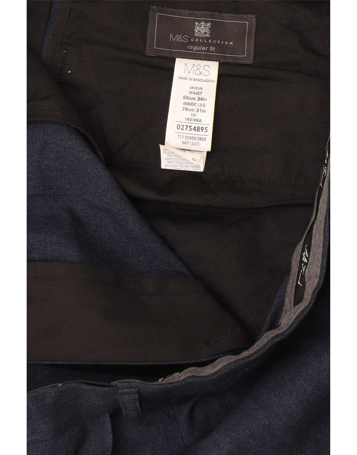 Marks & Spencer Pantalón de traje de corte regular para hombre W34 L31 Poliéster azul marino