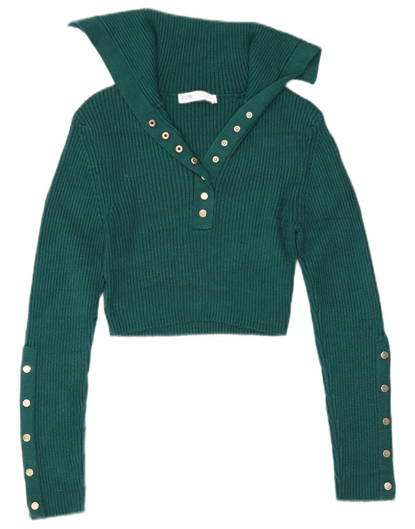 Zara Mujer Crop Polo Neck Jumper Sweater UK 12 Viscosa Verde Medio