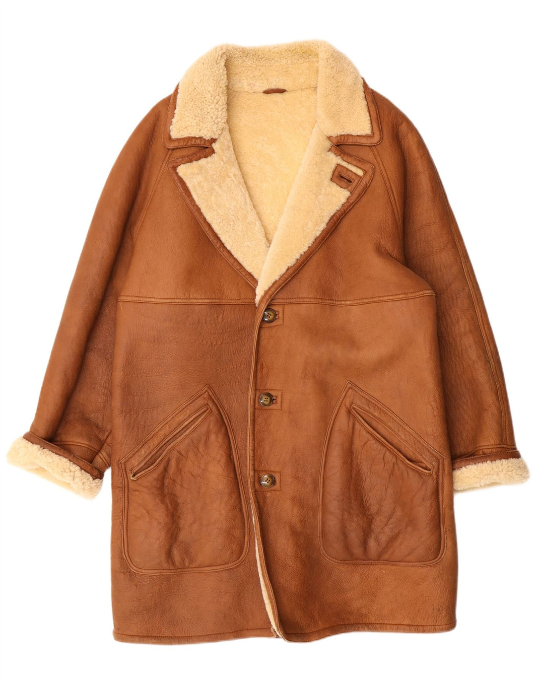 Vintage hombres shearling chaqueta Reino Unido 38 cuero marrón medio clásico