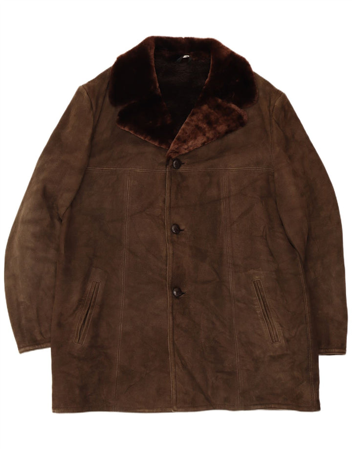 Vintage hombres shearling chaqueta Reino Unido 42 XL cuero marrón