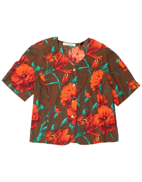 Marina Rinaldi Blusa Camisa Manga Corta Mujer Talla 27 Grande Marrón Floral