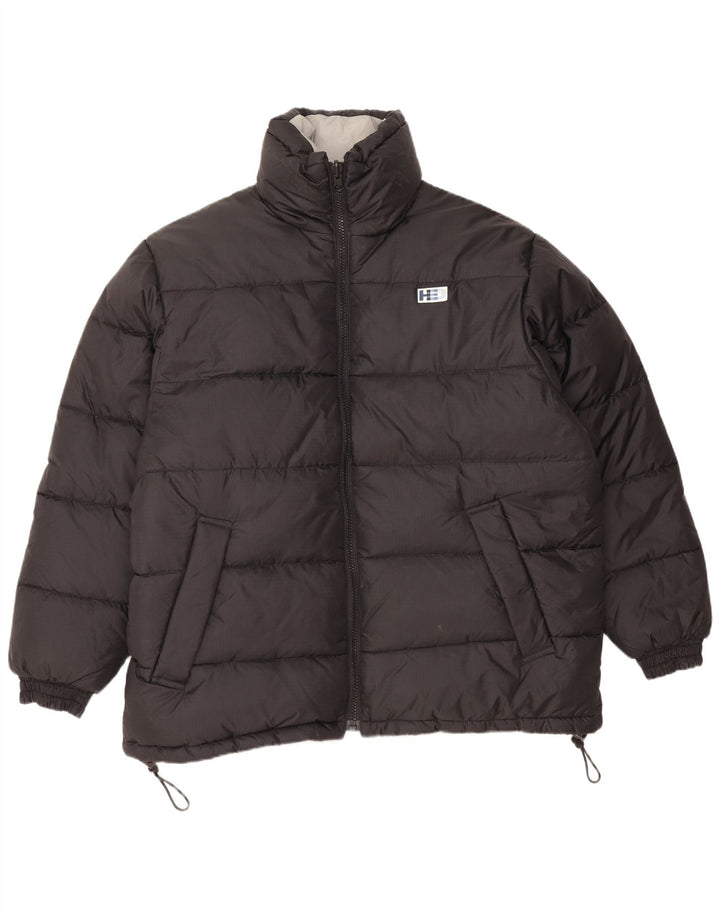 Vintage hombres gráfico suelto ajuste acolchado chaqueta Reino Unido 38 medio negro nylon