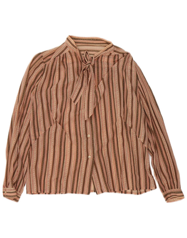 Vintage mujer frente corbata camisa blusa Reino Unido 16 grande marrón rayas