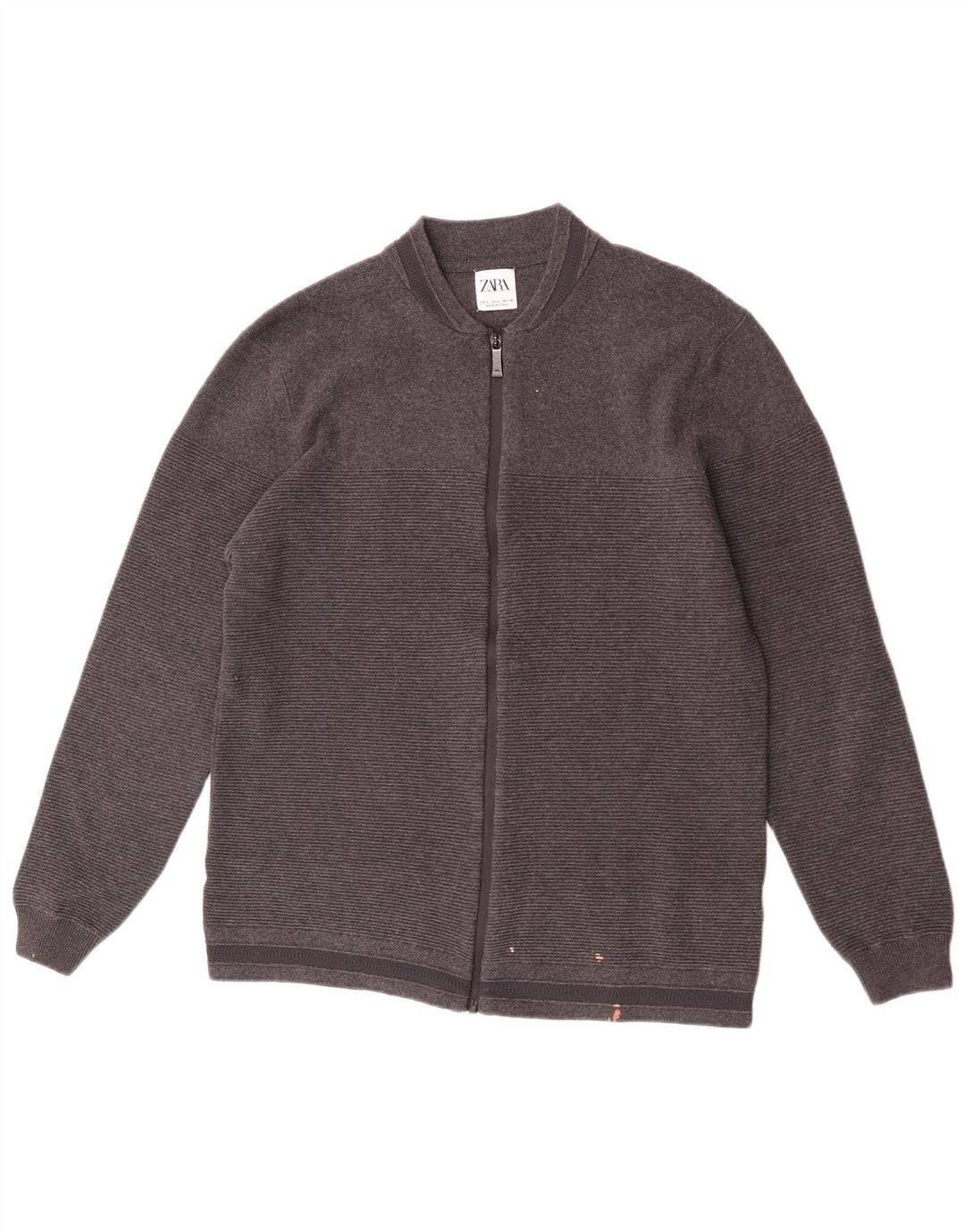 Zara Hombre Jersey Cárdigan Grande Algodón A Rayas Gris