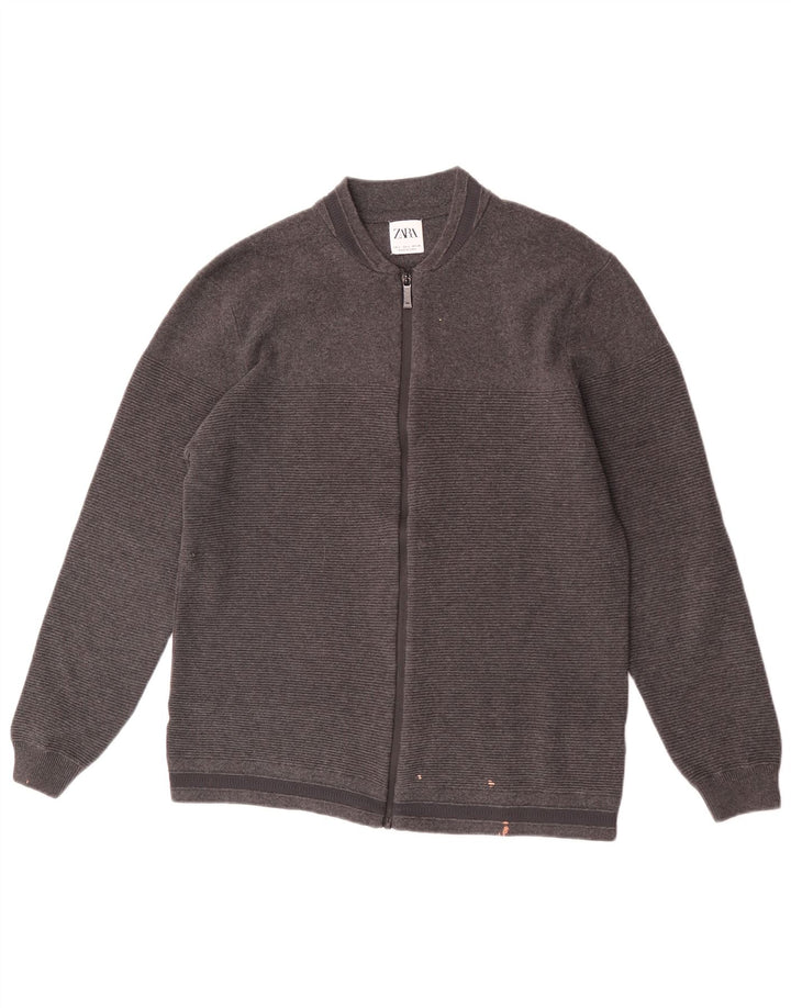 Zara Hombre Jersey Cárdigan Grande Algodón A Rayas Gris